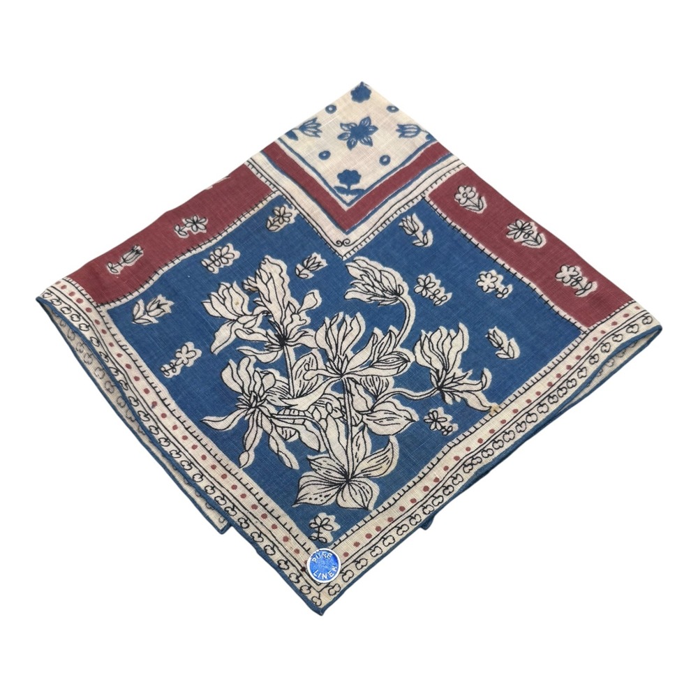 Vintage Fisba Pure Linen Floral Handkerchief Blue Red Swiss Made 12x12